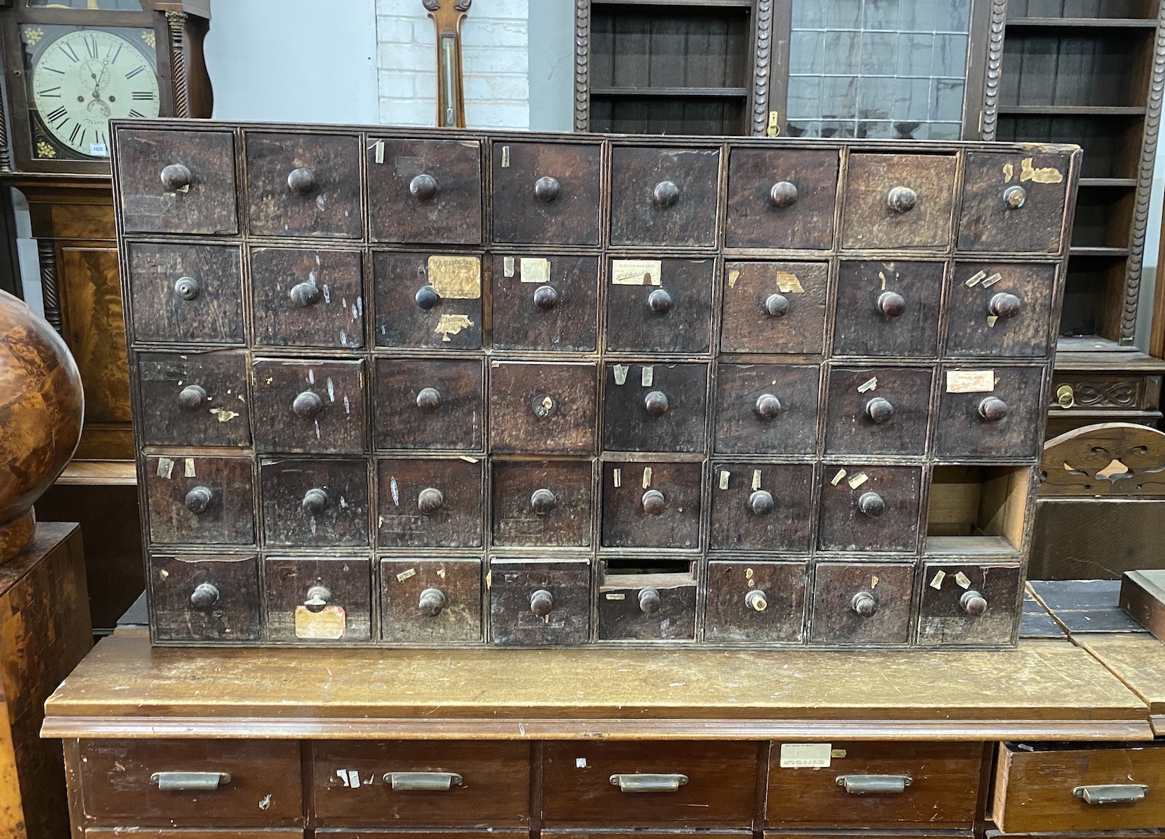 A Victorian mahogany 39 drawer apothecary chest, width 130cm, depth 18cm, height 76cm